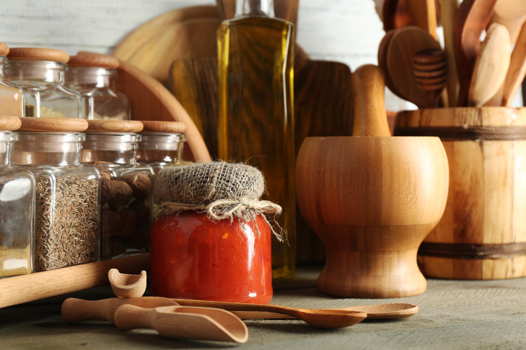 Workshop counter with jars and tools