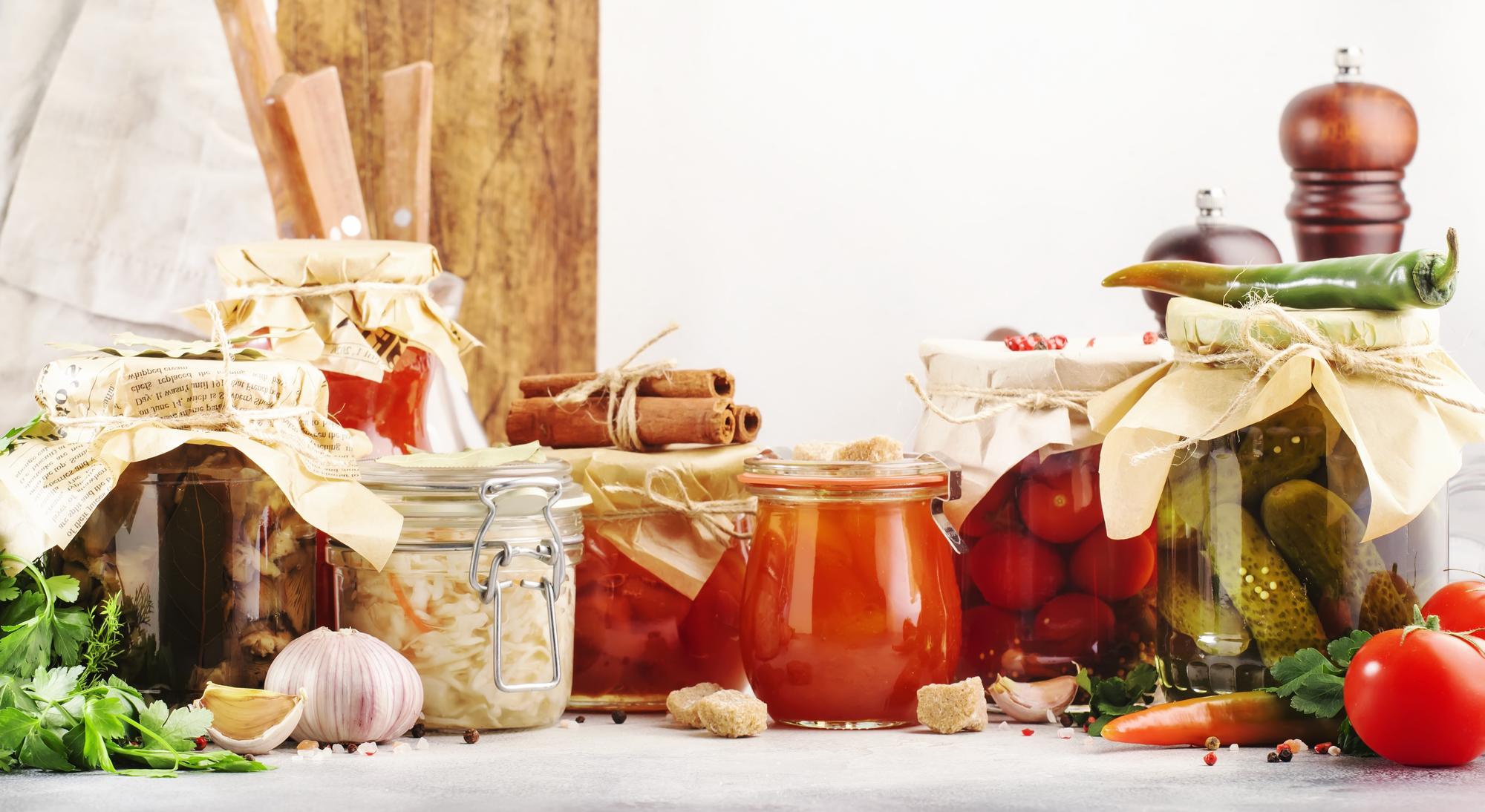 Assorted jars of pickles and ferments
